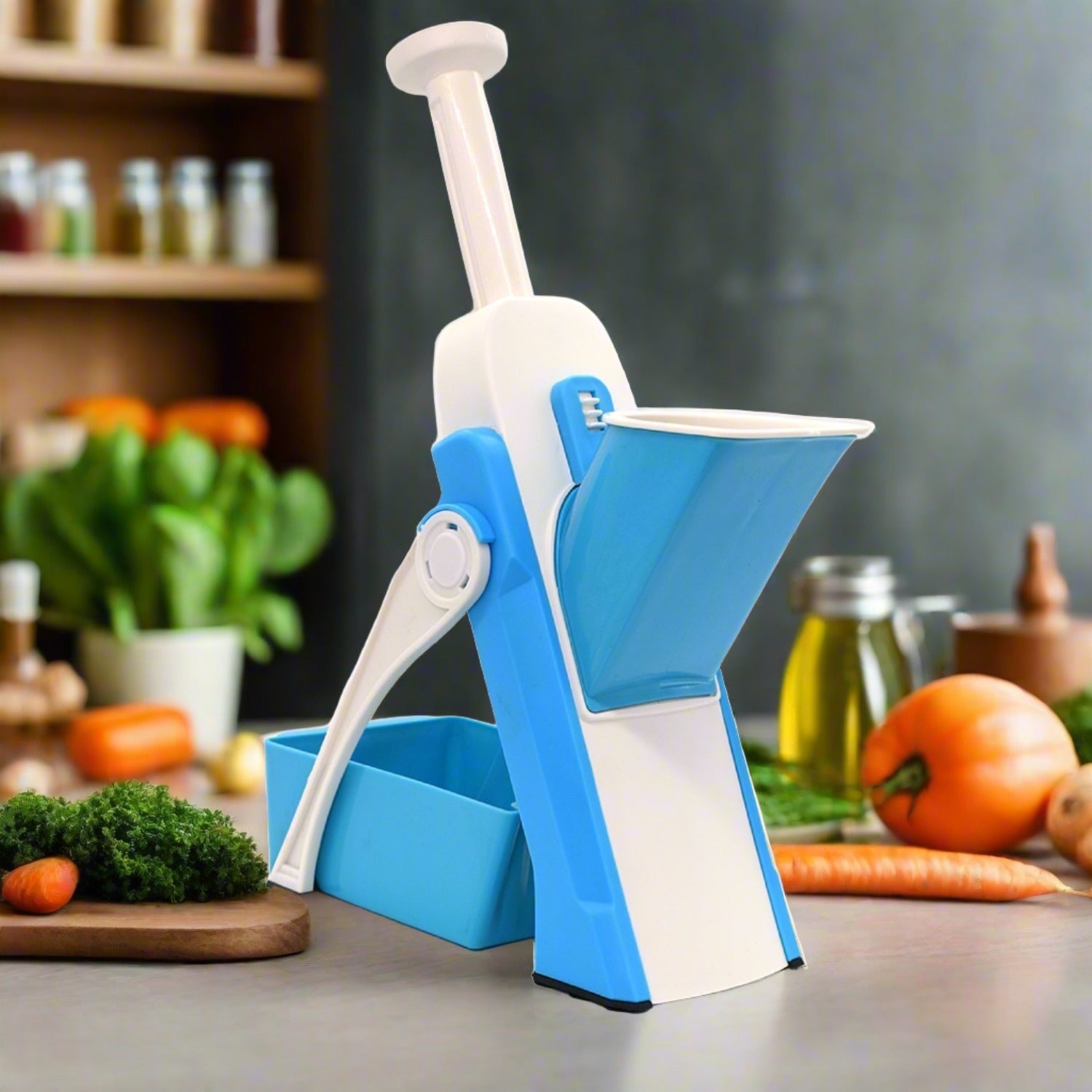 XcelCraft hand press vegetable chopper for quick slicing.