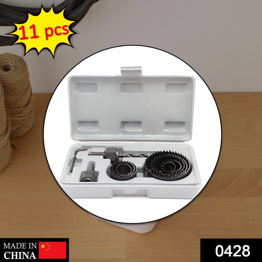 BoltForce 11-piece wood hole saw set arranged in its plastic storage case.