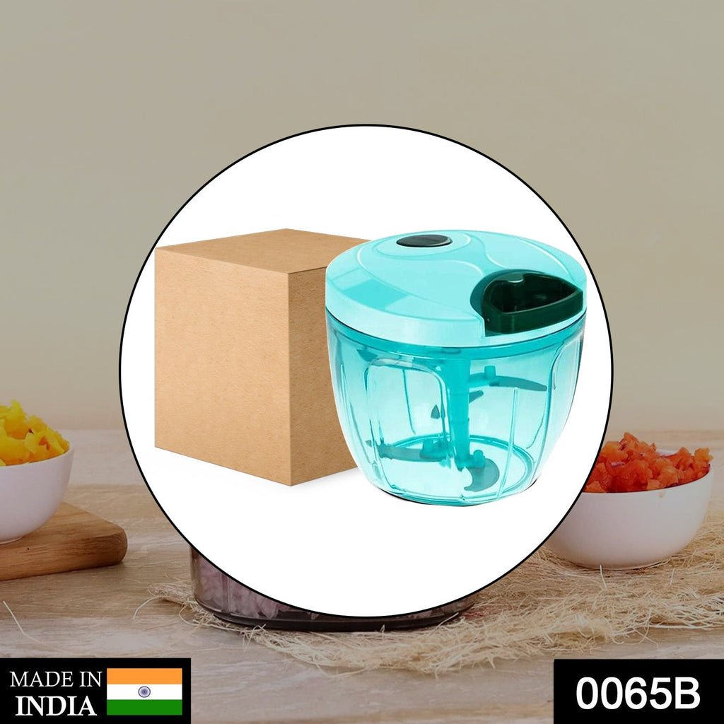 Manual vegetable chopper with 5 stainless steel blades on a kitchen counter.