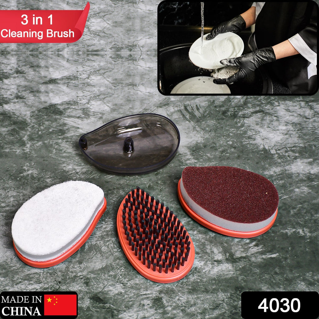 Multipurpose cleaning brush effectively scrubbing a dish with soap and water.