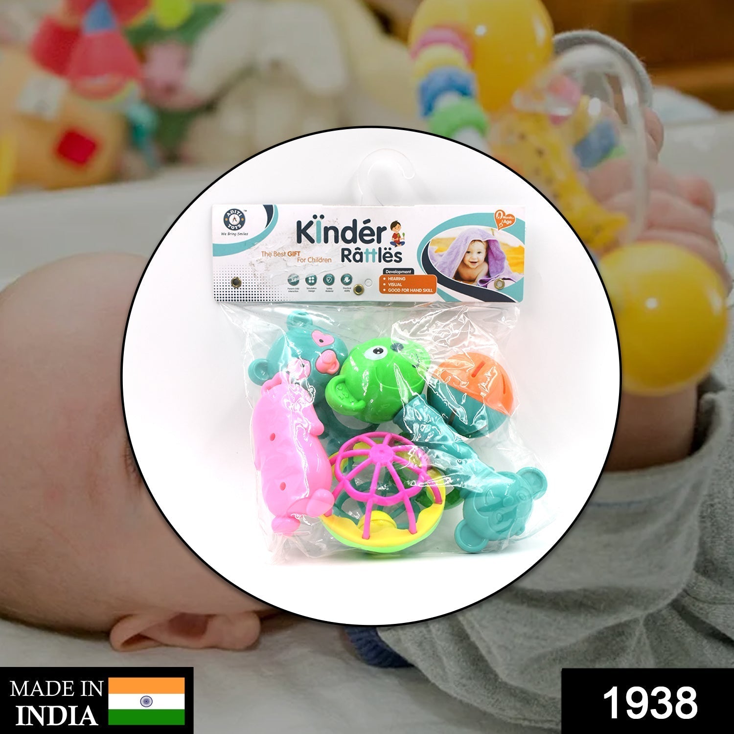 Close-up of bright, engaging rattles designed for little hands.