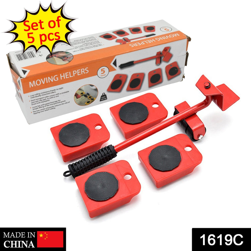 Complete furniture shifting tool set with lifting lever and four wheeled pads for easy moving.