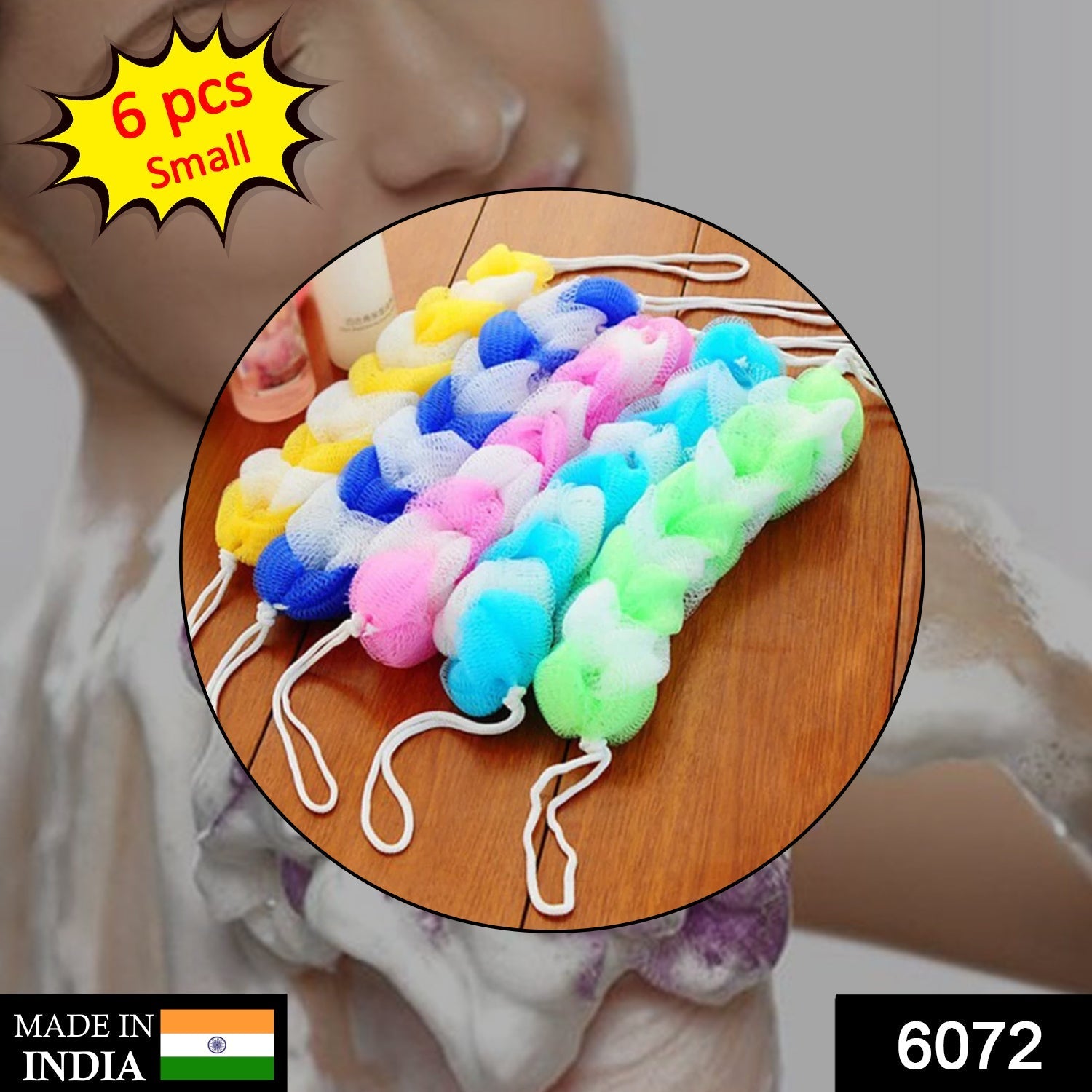 Soft body scrubber pouf set (6 pack) for gentle exfoliation.