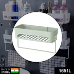 No-drill bathroom storage rack with toiletries, mounted on a tiled wall.