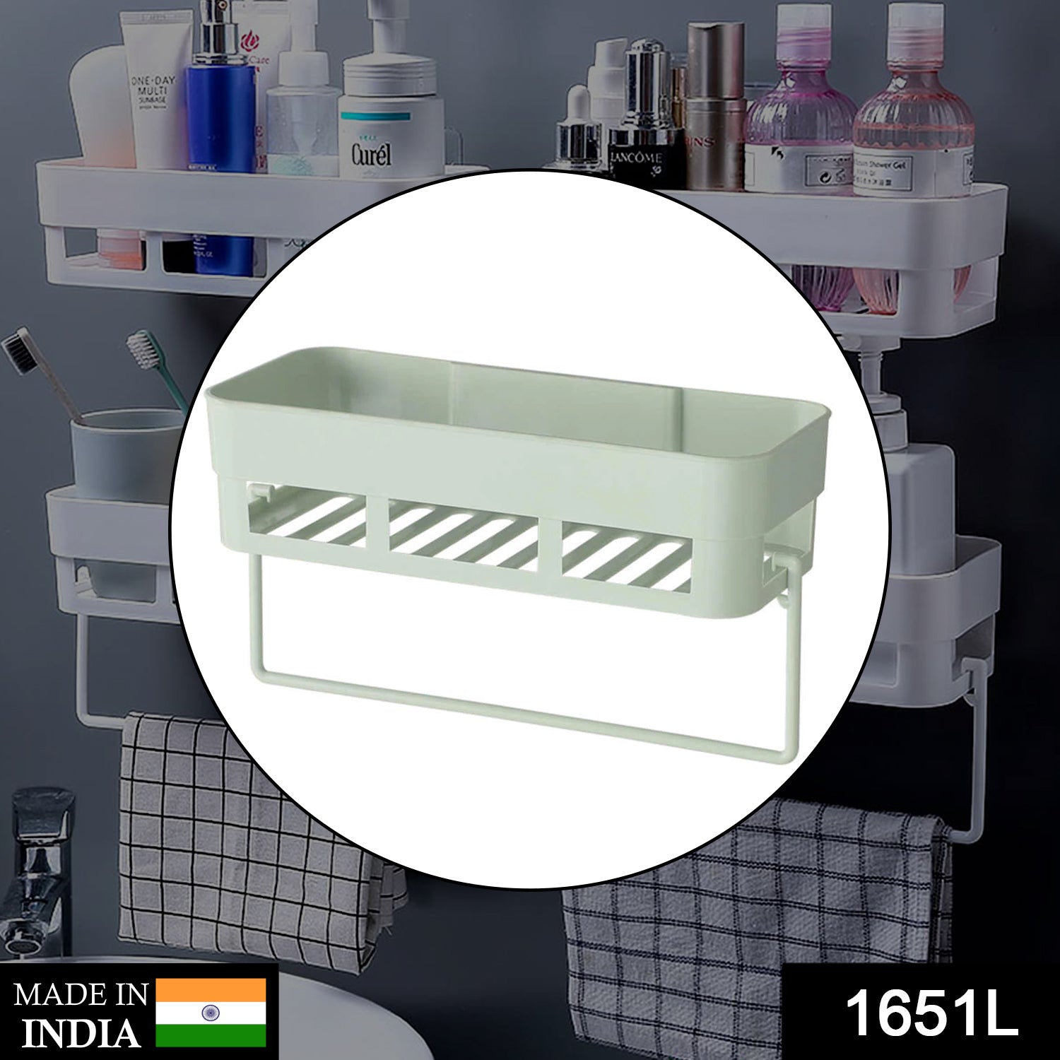 No-drill bathroom storage rack with toiletries, mounted on a tiled wall.