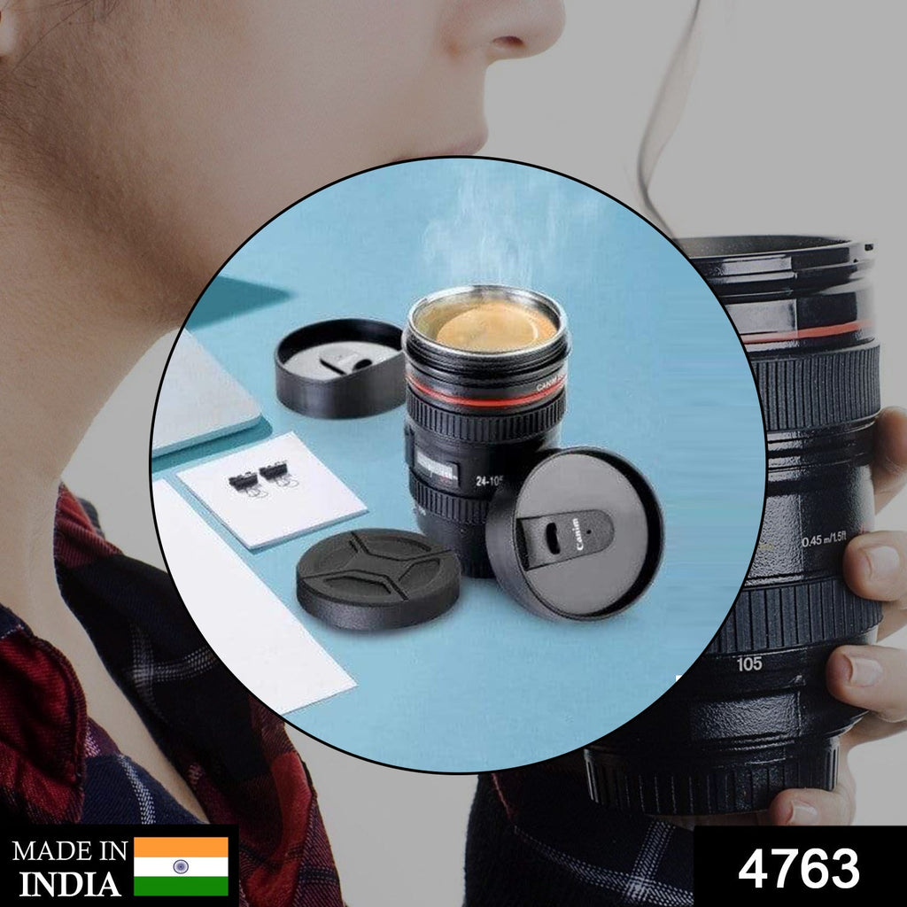 Stainless steel interior of the camera lens mug, visible with the lid removed.