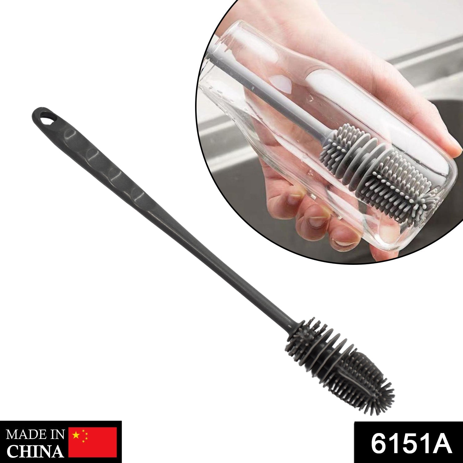 Flexible bottle cleaning brush with a blue handle for easy maneuverability.