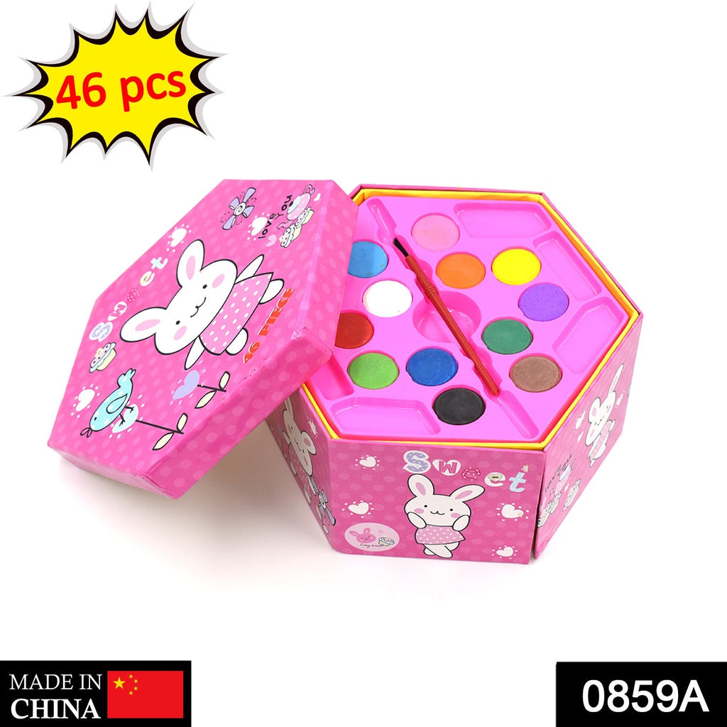 The 46-piece art set for children, featuring a variety of colorful drawing tools.
