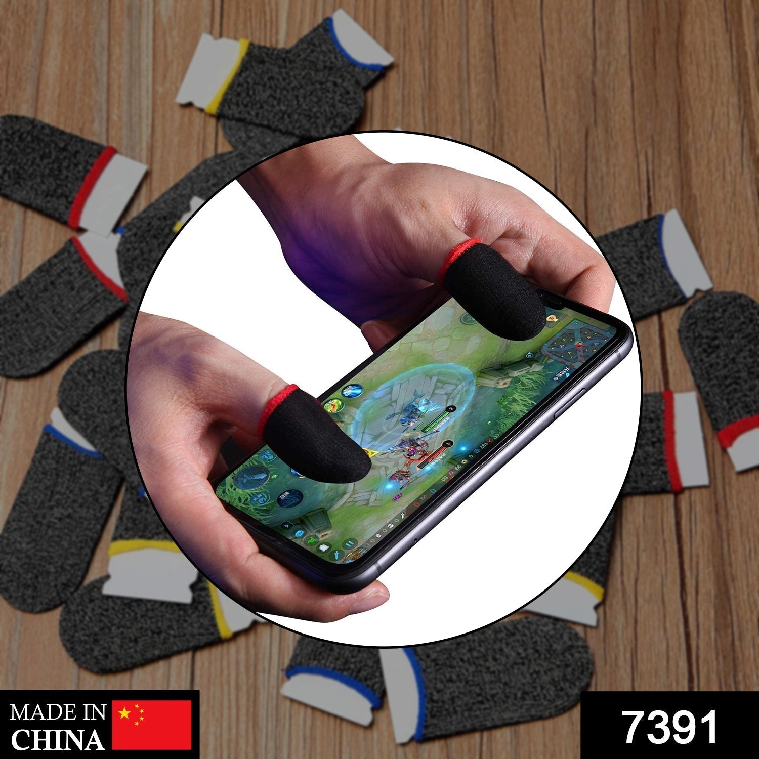 Close-up of breathable material on black gaming finger sleeves.