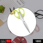 Close-up of sharp stainless steel blades on all-purpose scissors.