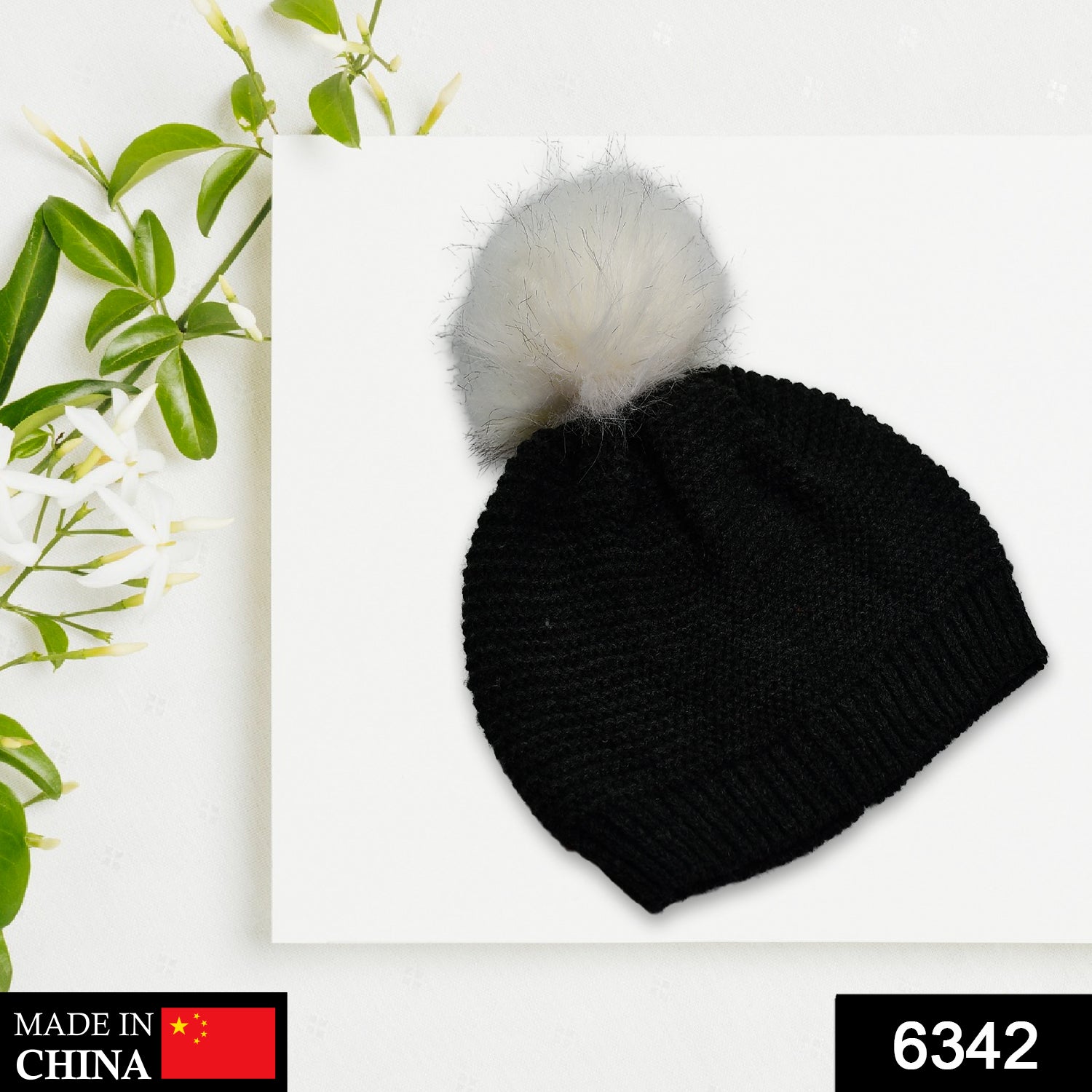 Close-up of the woolen knitted winter beanie cap showing its soft fur interior.