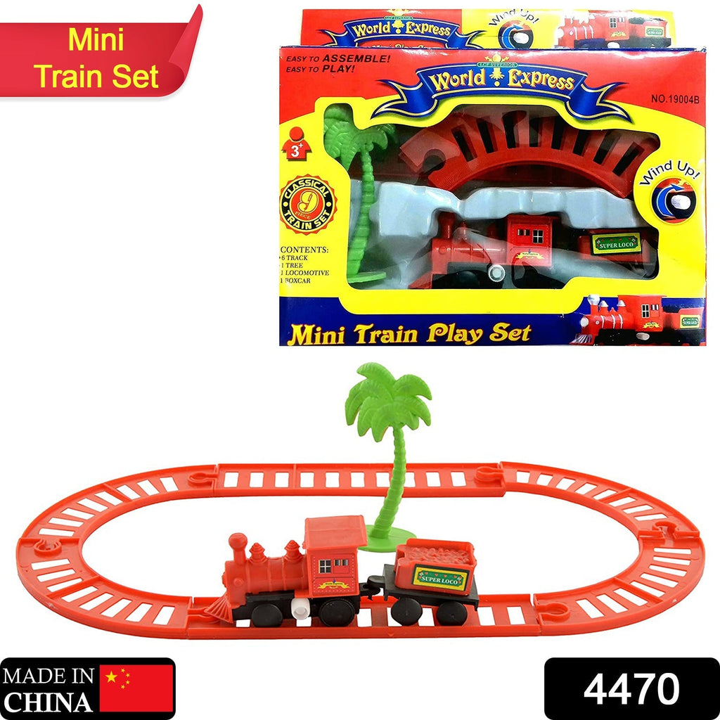 Overhead view of the World Express toy train set with locomotive and tracks.