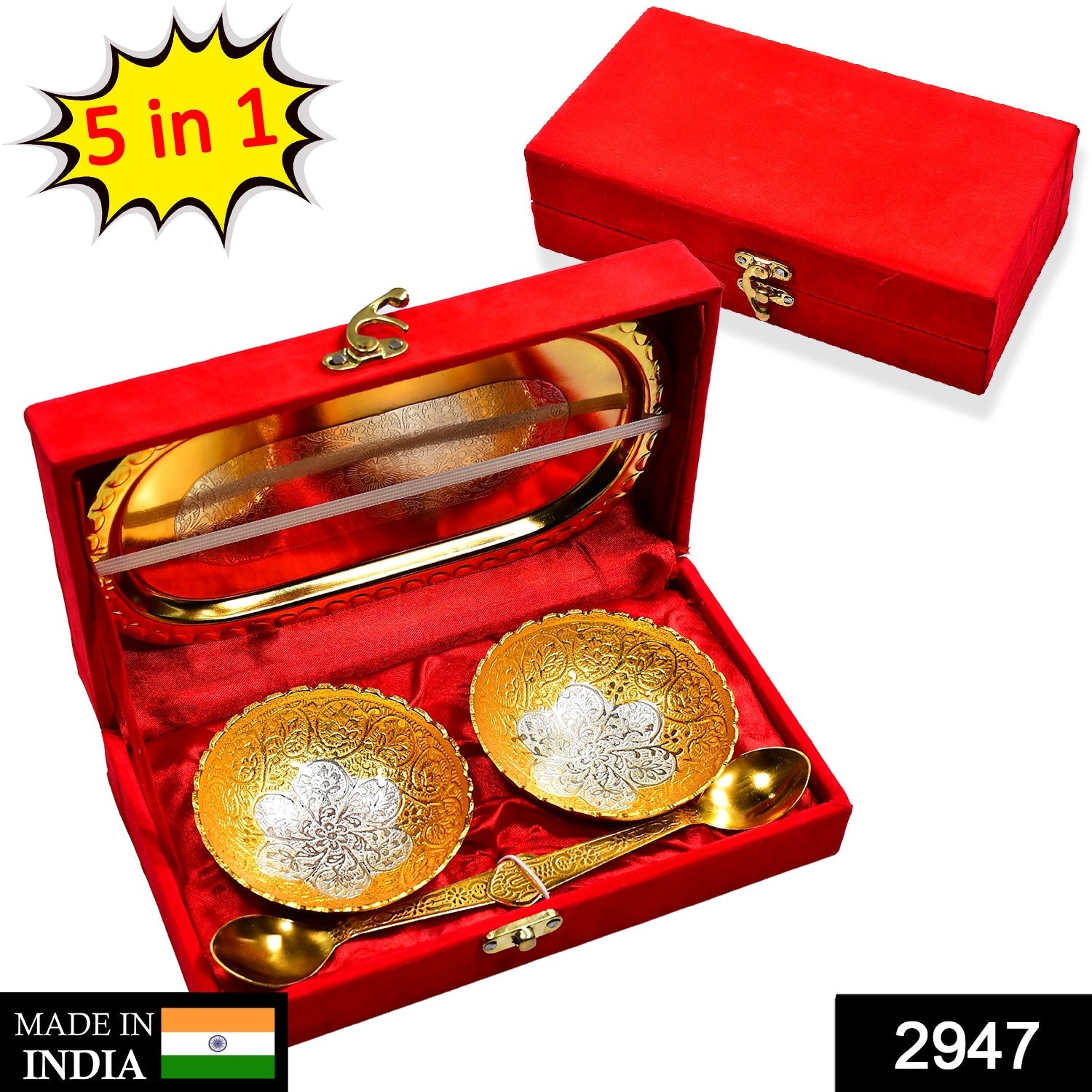 Close-up of the exquisite gold and silver plated brass serving set, featuring bowls and spoons.