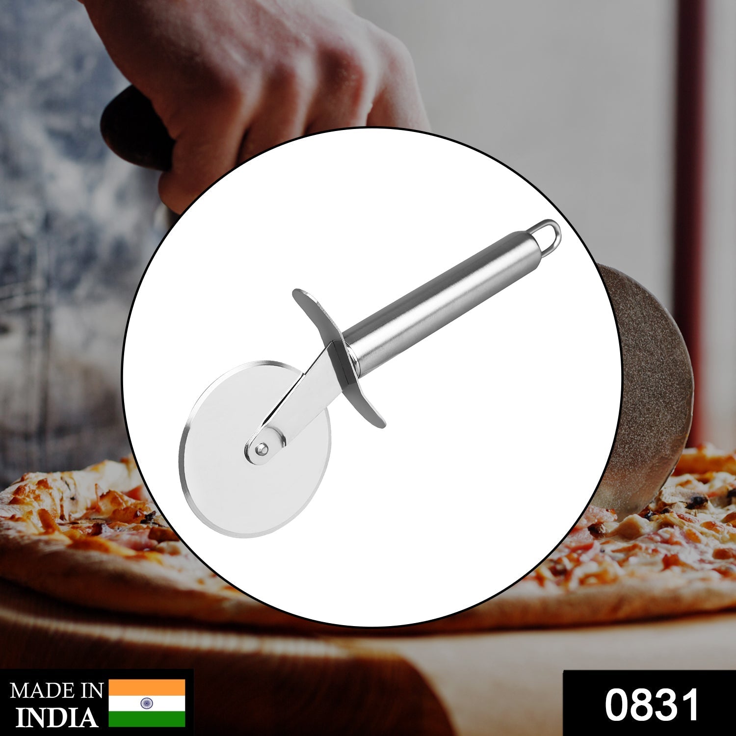 Close-up of the durable stainless steel pizza cutter blade.