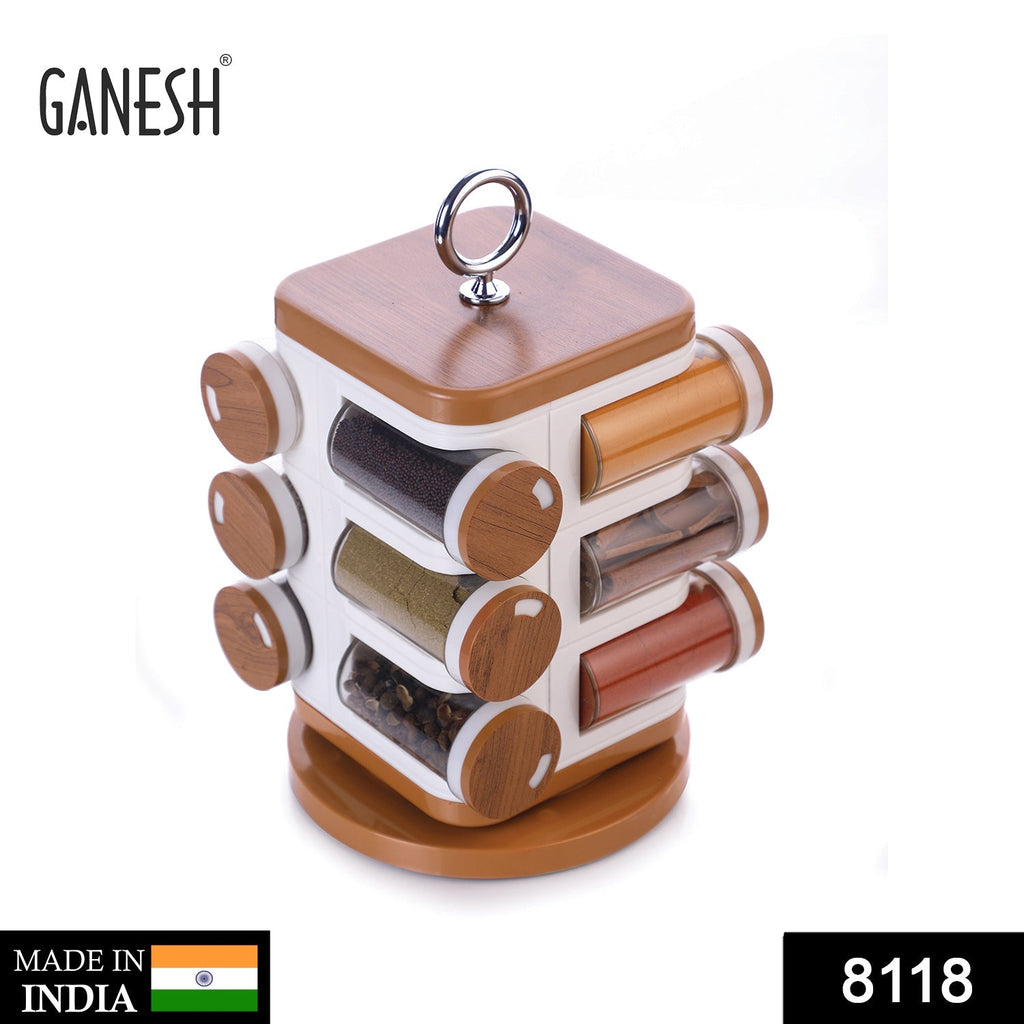 Close-up of the Ganesh revolving spice rack, highlighting the 12 individual transparent jars.