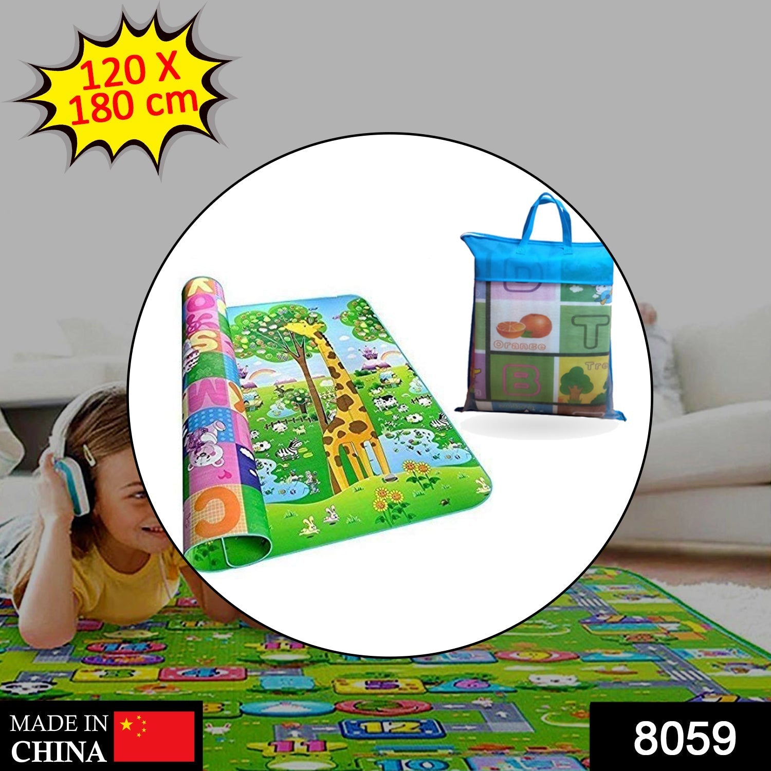 Waterproof baby play mat unfolded, showcasing its vibrant jungle design and large size.