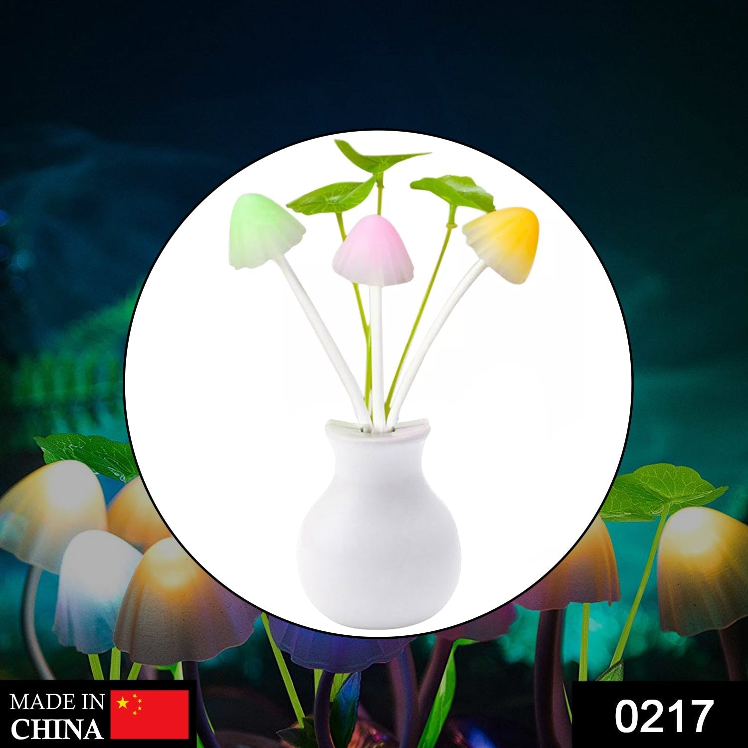 Close-up of a vibrant multicolor mushroom night light with artificial flowers.