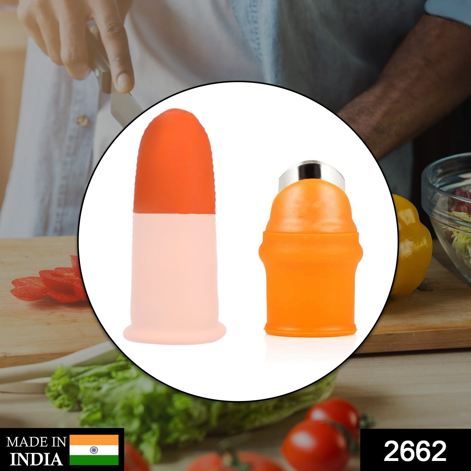 User demonstrating the vegetable thumb cutter in action, slicing a small vegetable.