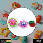 Vibrant three-piece baby rattle toy set showcasing different textures for engaging infant play.