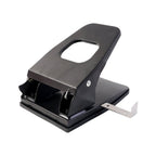 Side view of metal 2-hole paper punch machine with adjustable metal ruler