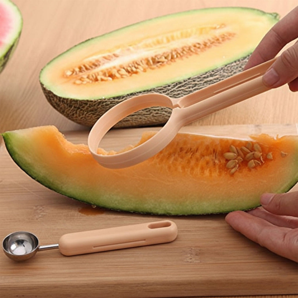 Side view of ergonomic handle on fruit scooper and cutter tool