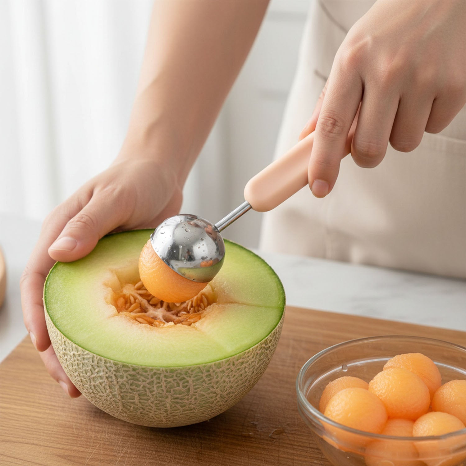 Close-up of fruit scooper and cutter tool in use