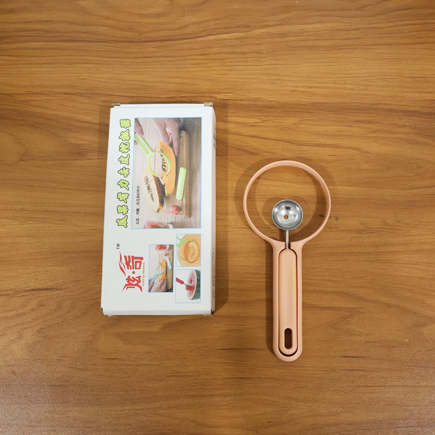Decorative fruit pieces prepared with the fruit scooper and cutter tool