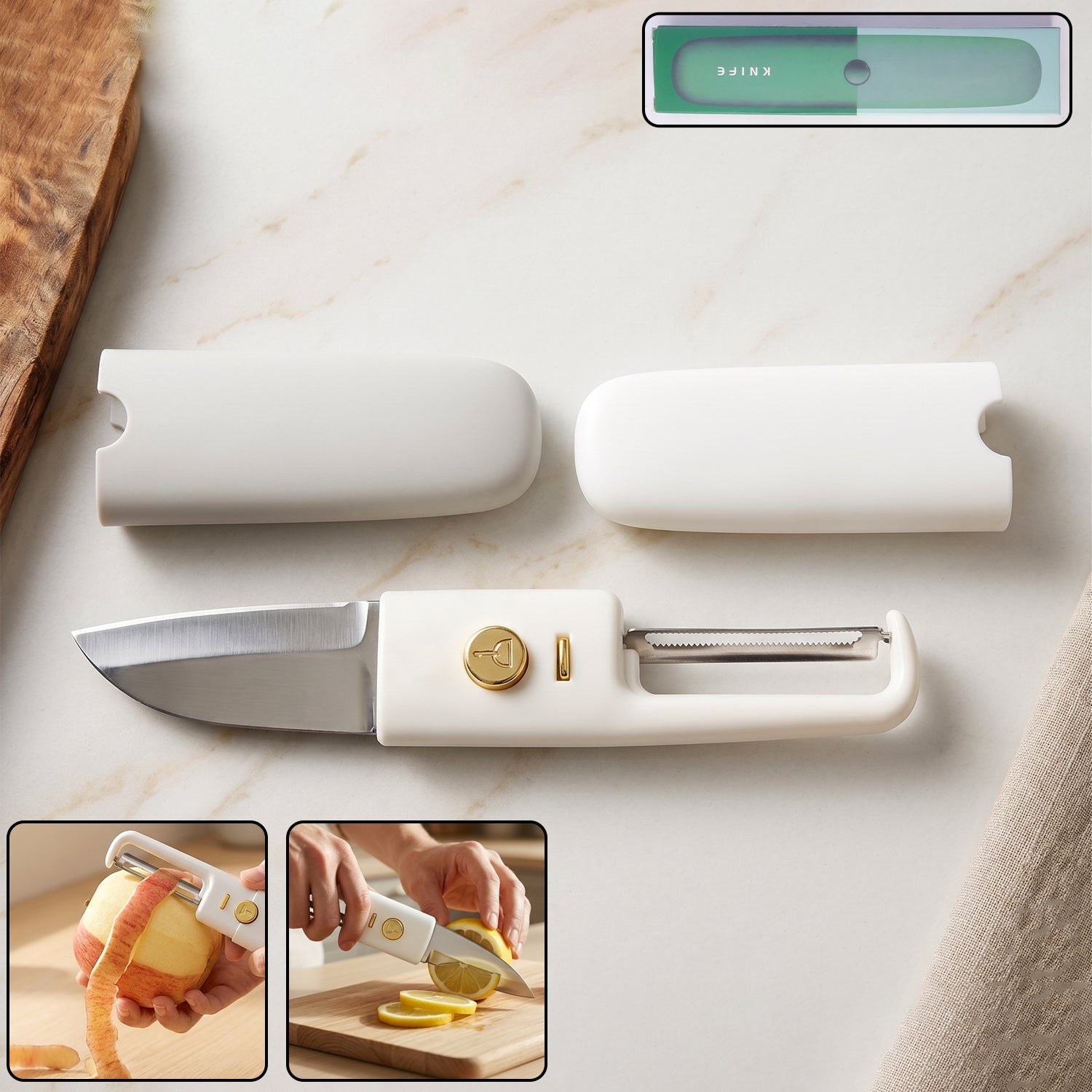 ChefAura 2-in-1 multifunctional peeler and knife for fruits and vegetables.