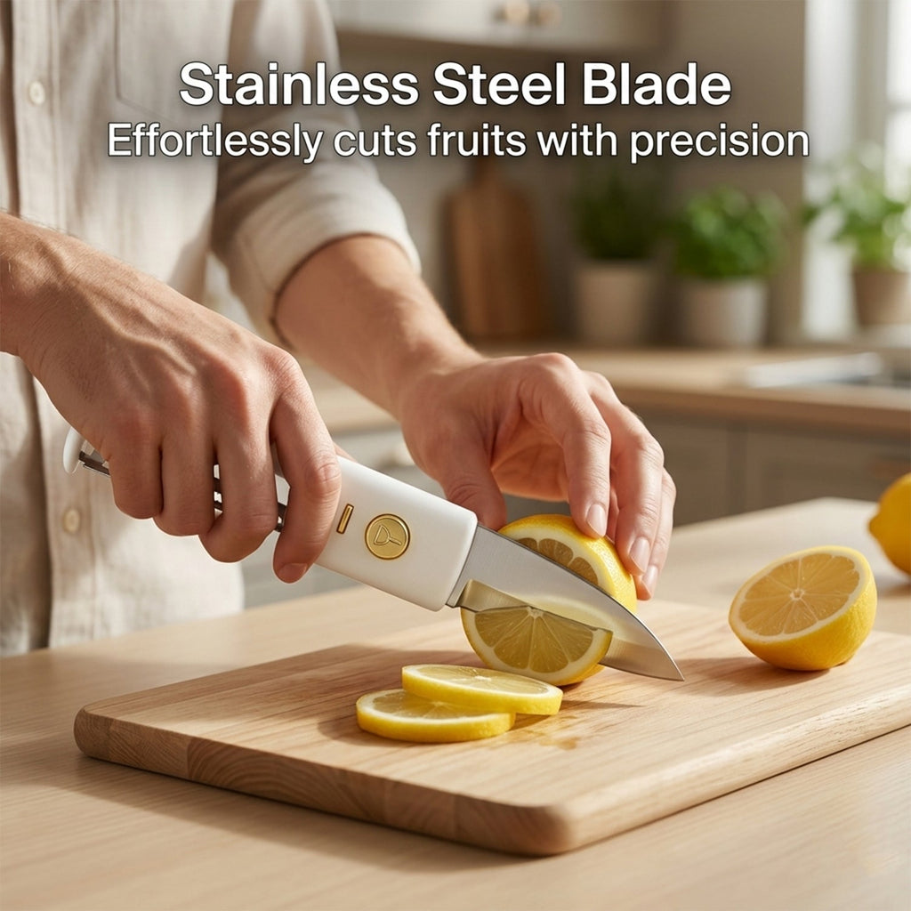 The versatile kitchen knife and sawtooth peeler in its compact folded state.