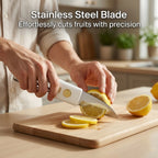 The versatile kitchen knife and sawtooth peeler in its compact folded state.