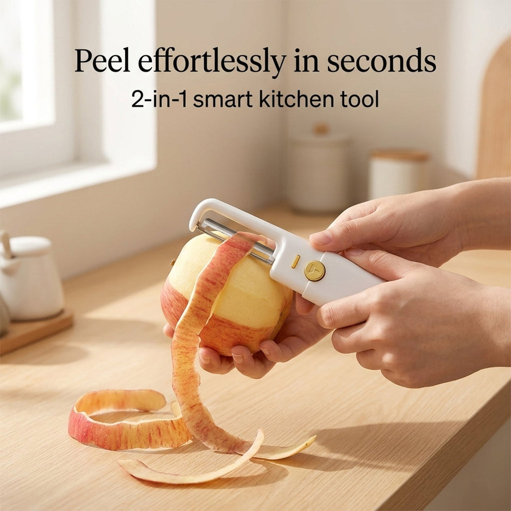 Close-up view of the sharp sawtooth peeler and knife blade on white background.