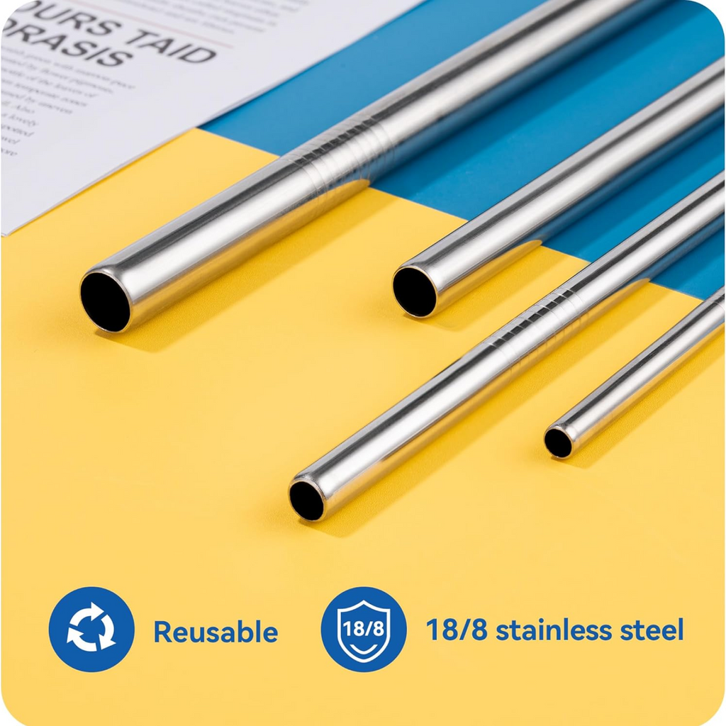 Flexible cleaning brush positioned alongside the stainless steel straws for easy maintenance.