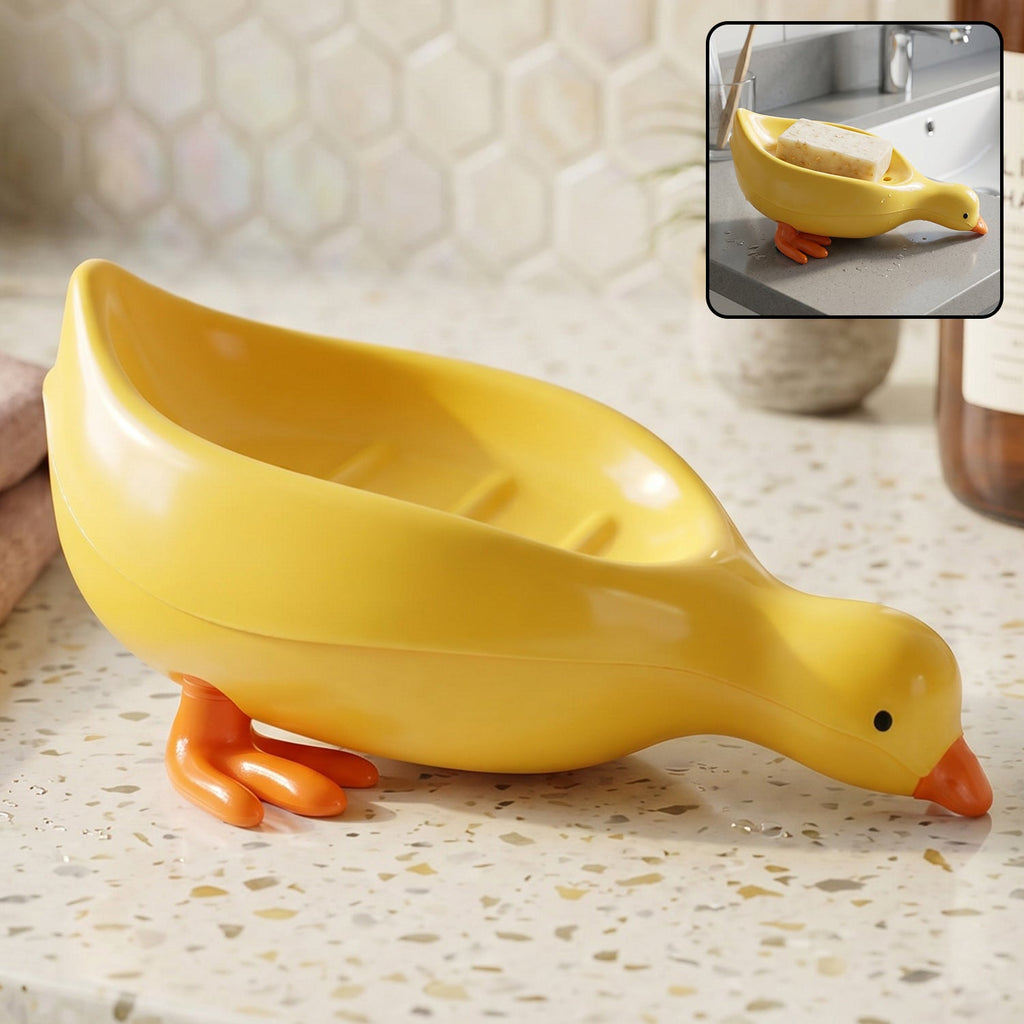 Main view of waterproof duck-shaped soap holder for kids