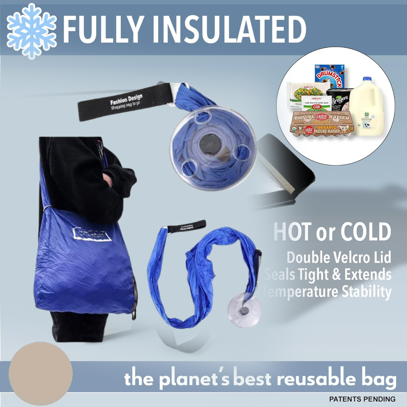 Lightweight, waterproof foldable shopping bag stored in its compact round case.