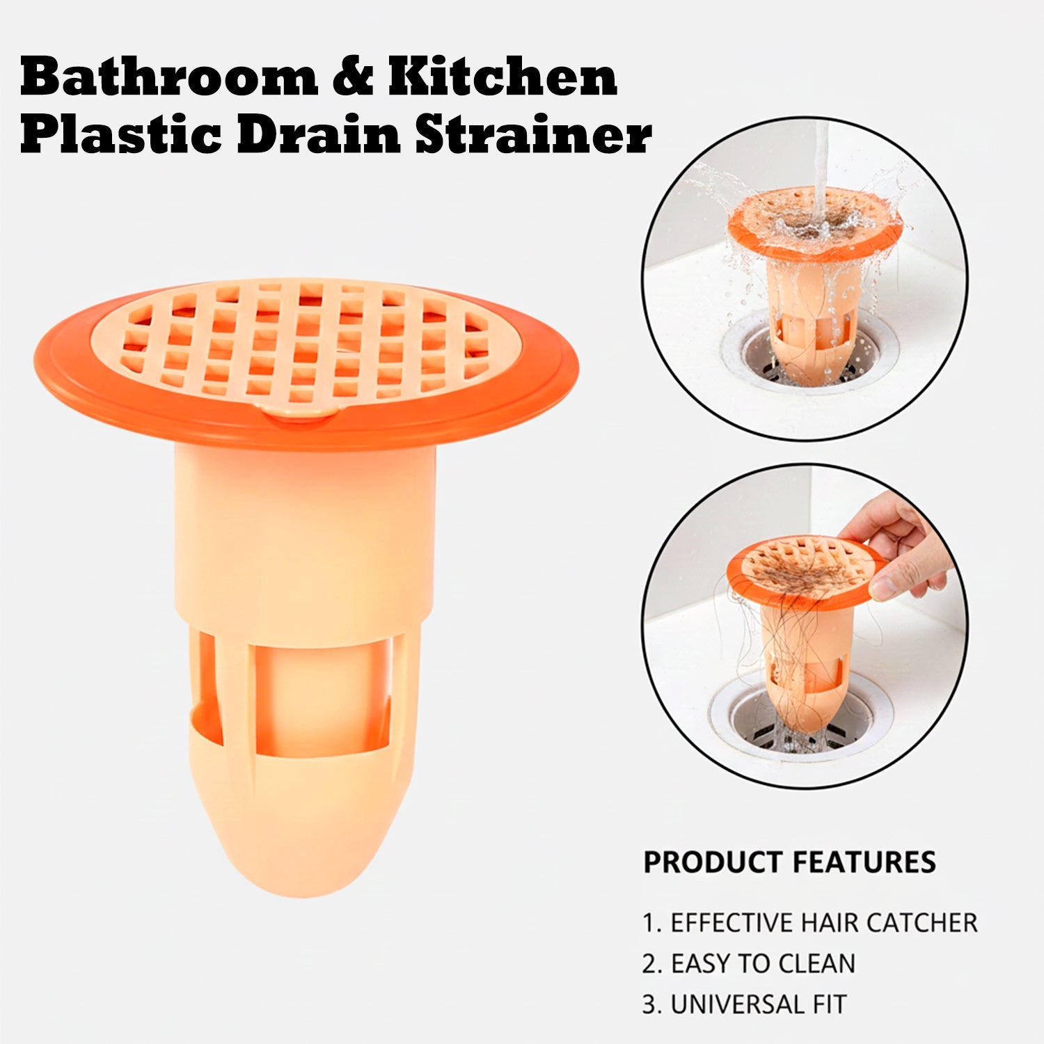 Clear plastic drain strainer positioned in kitchen sink drain opening