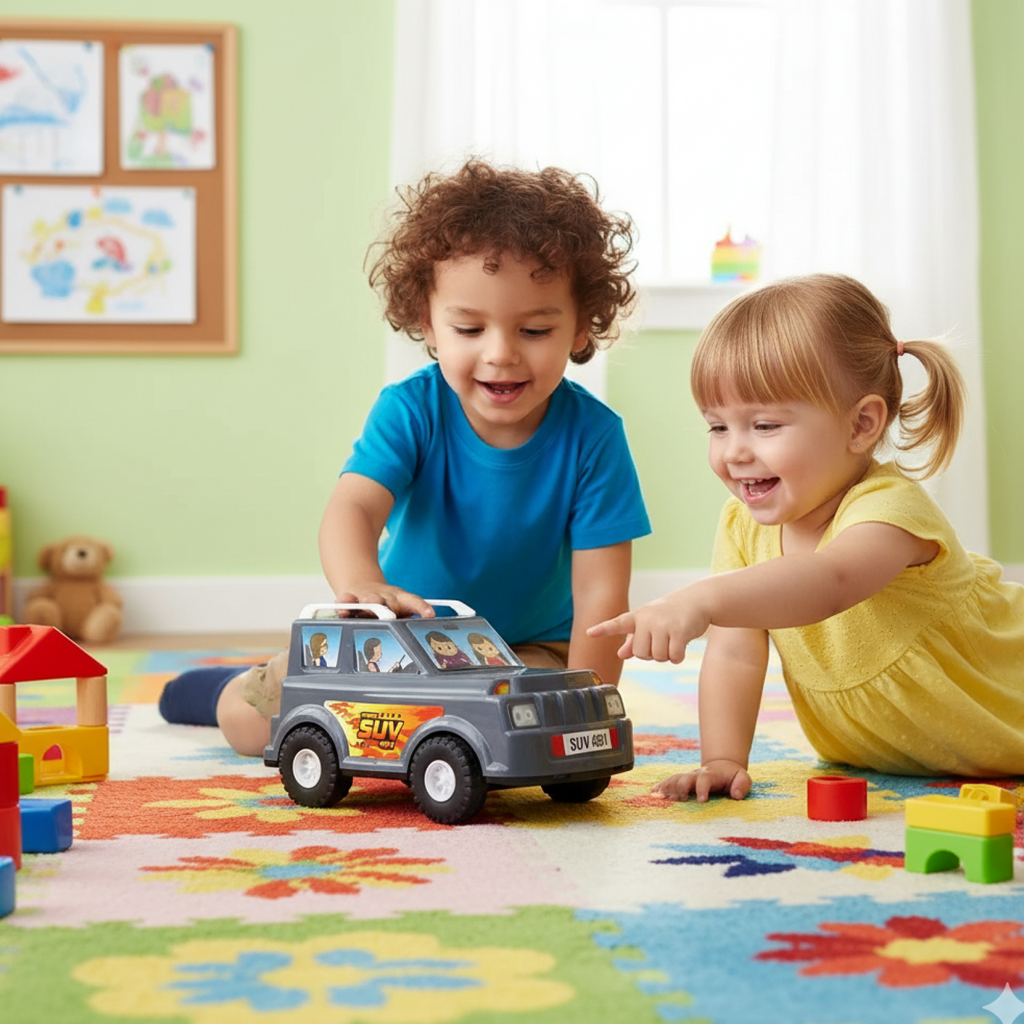 Children playing with colorful toy SUV car outdoors