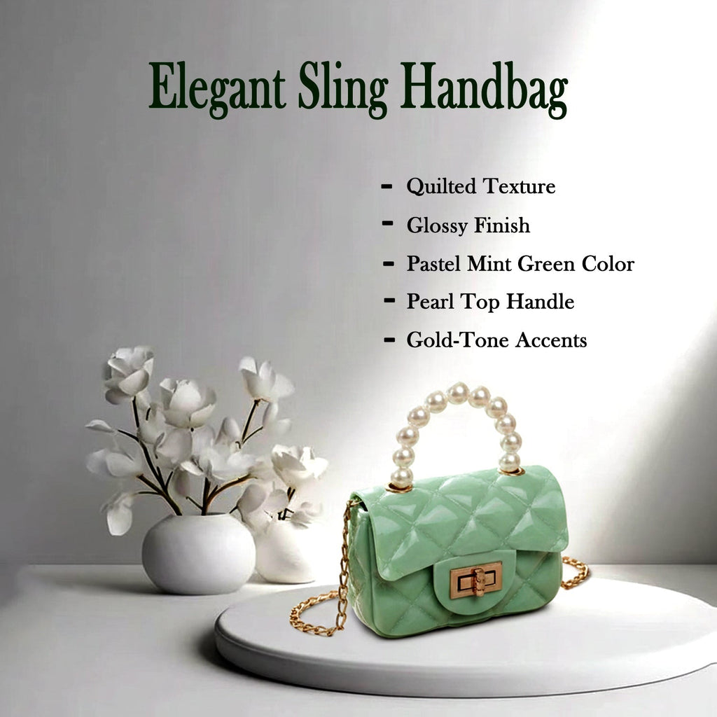 Mini fashion handbag highlighted by a decorative pearl handle and chain strap
