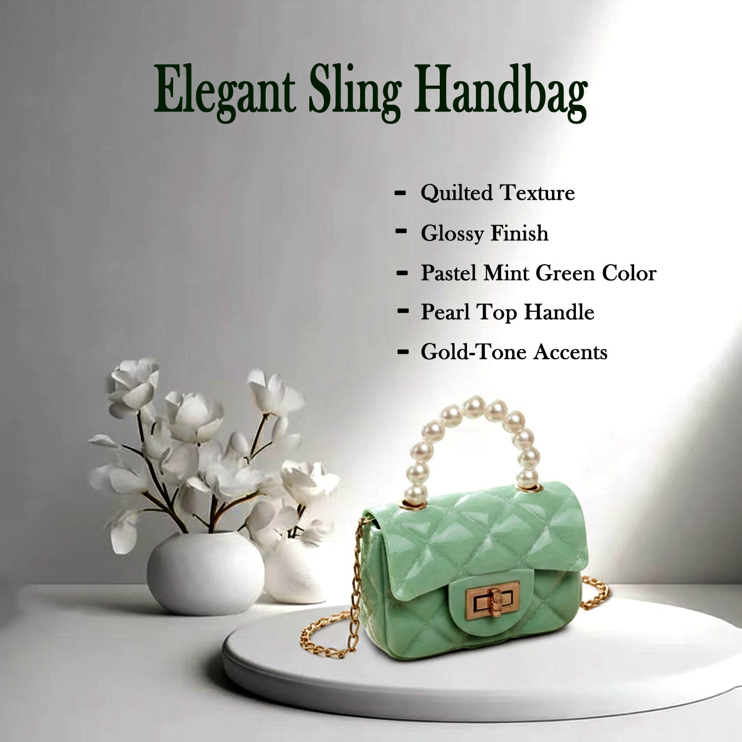 Mini fashion handbag highlighted by a decorative pearl handle and chain strap