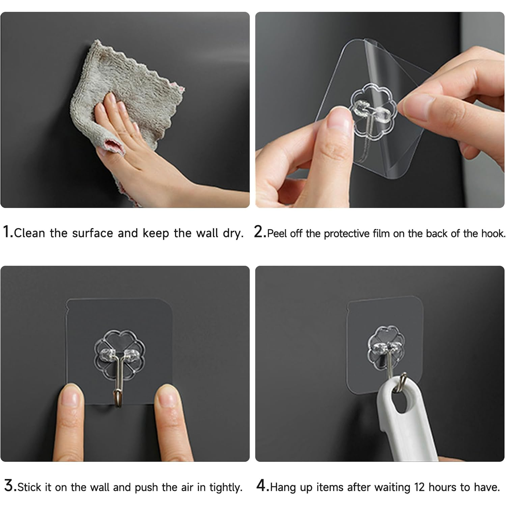 Close-up of the strong transparent adhesive backing on the wall hook.