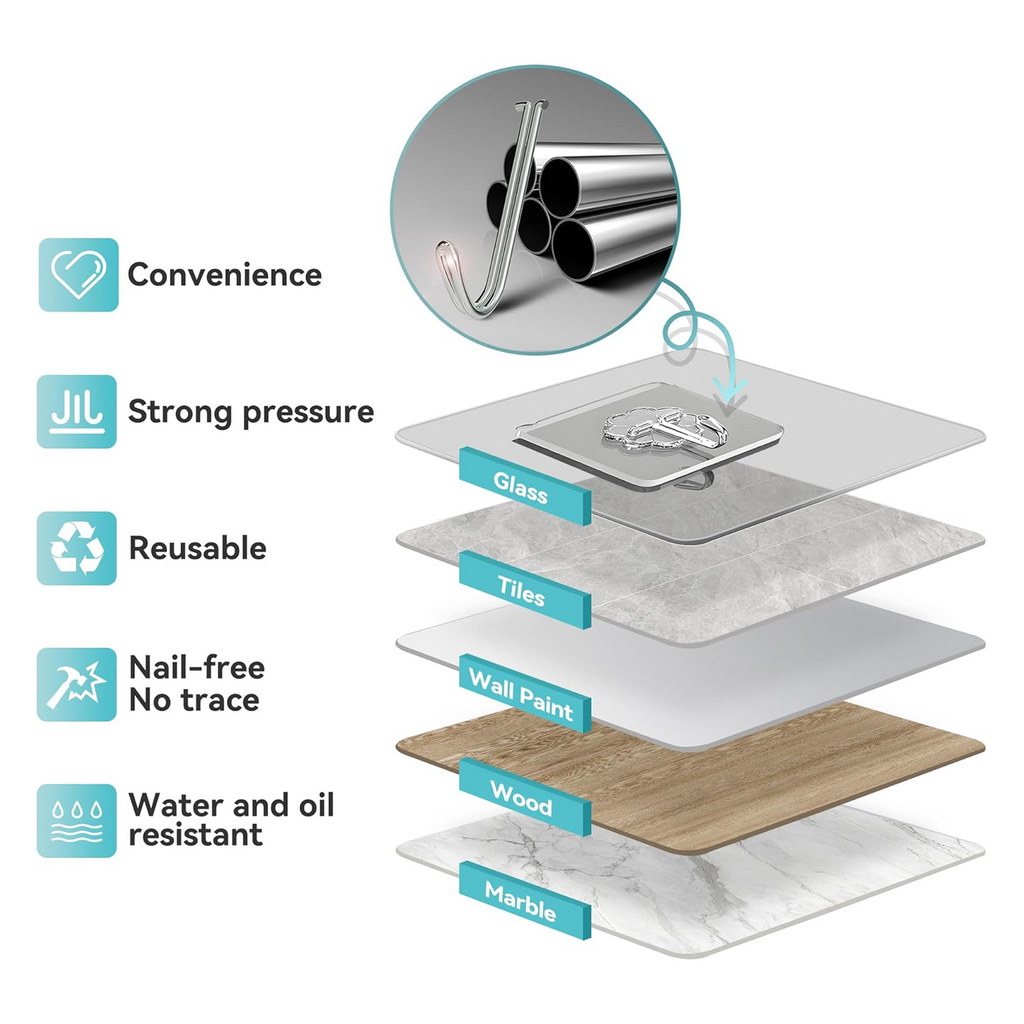 A stainless steel adhesive hook holding a towel in a modern home setting.