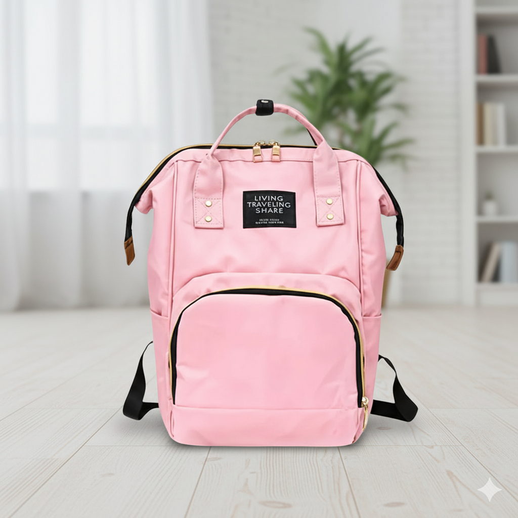 Tots Basics Diaper Bag Backpack in black, front view with multiple compartments.