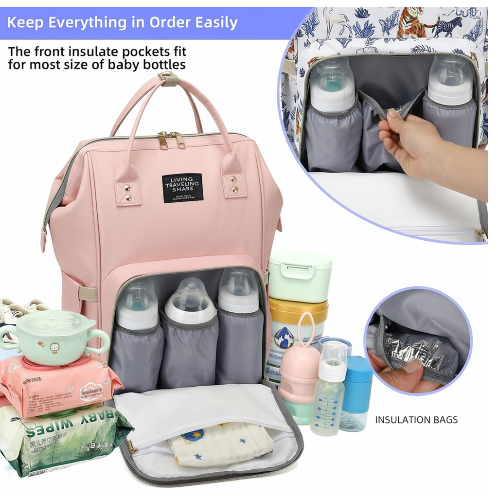Close-up of the wide-opening main compartment of the Diaper Bag Backpack.