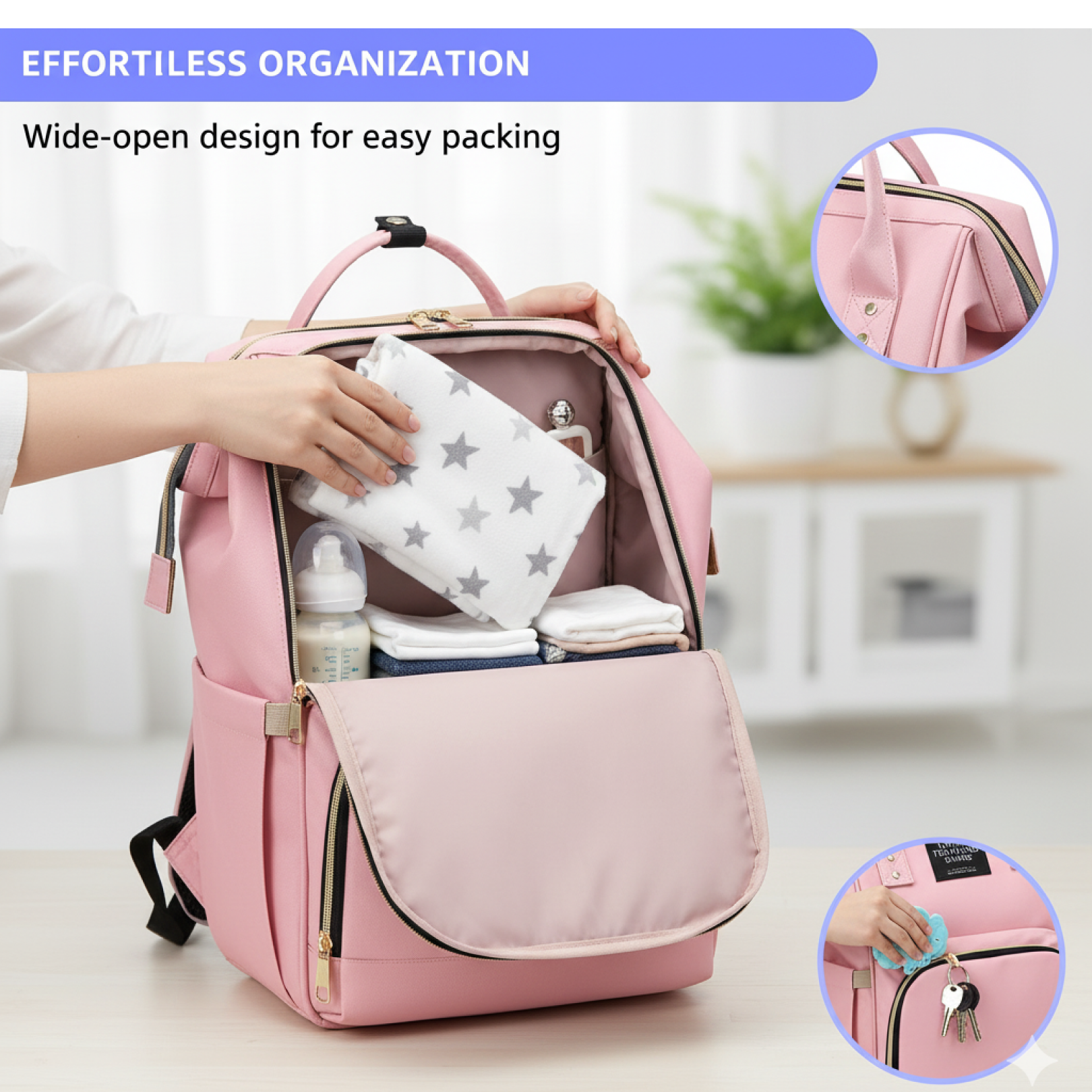 Tots Basics Diaper Bag Backpack next to baby essentials for scale.