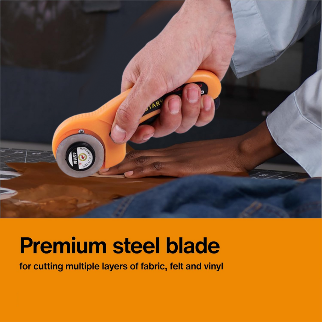 Close-up of stainless steel 45mm rotary blade for fabric cutting