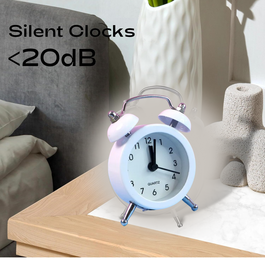 Side view of the twin-bell analog alarm clock, highlighting control knobs.