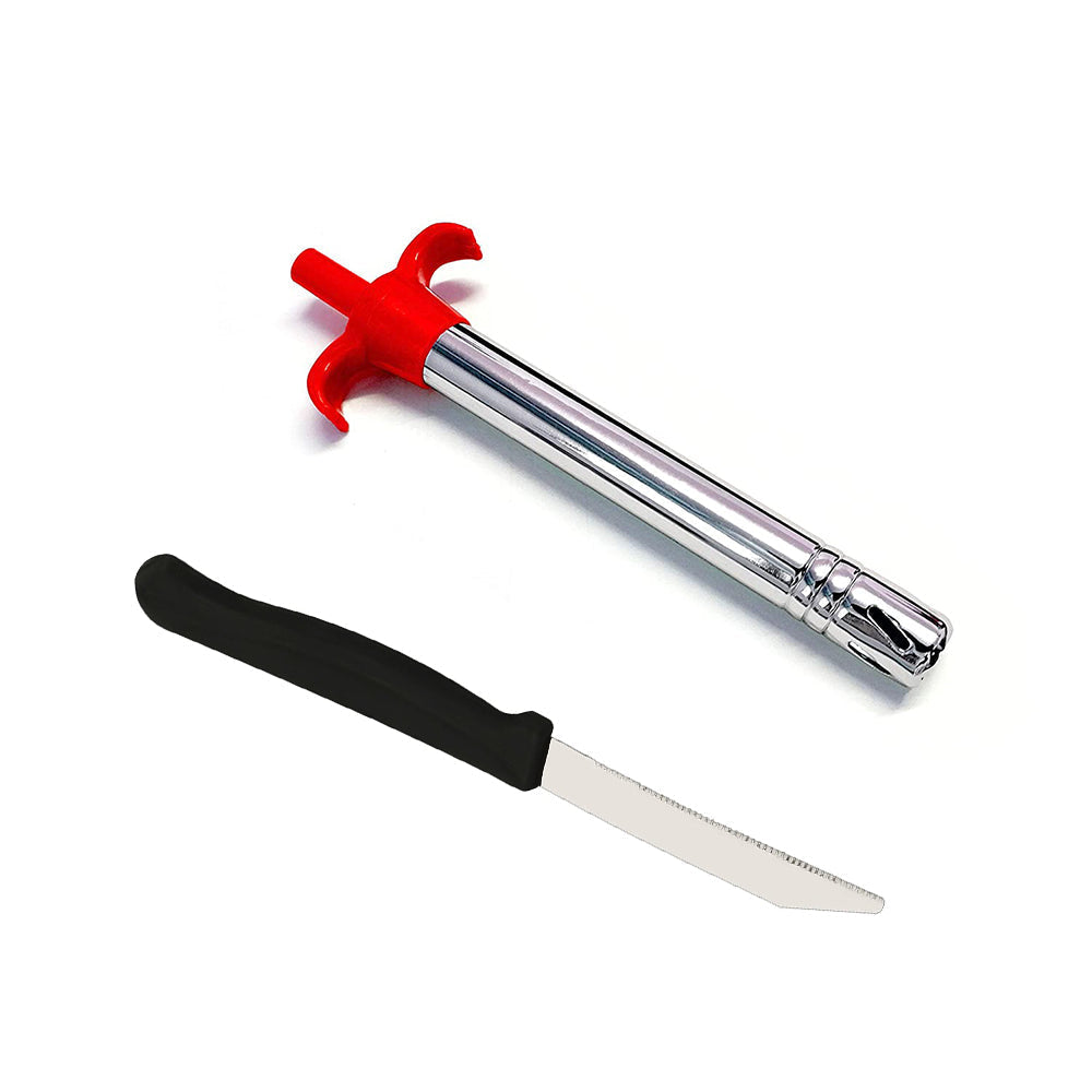 The 2-in-1 kitchen knife and stainless steel gas lighter set displayed on a clean surface.