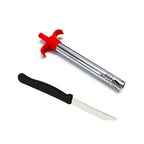 The 2-in-1 kitchen knife and stainless steel gas lighter set displayed on a clean surface.