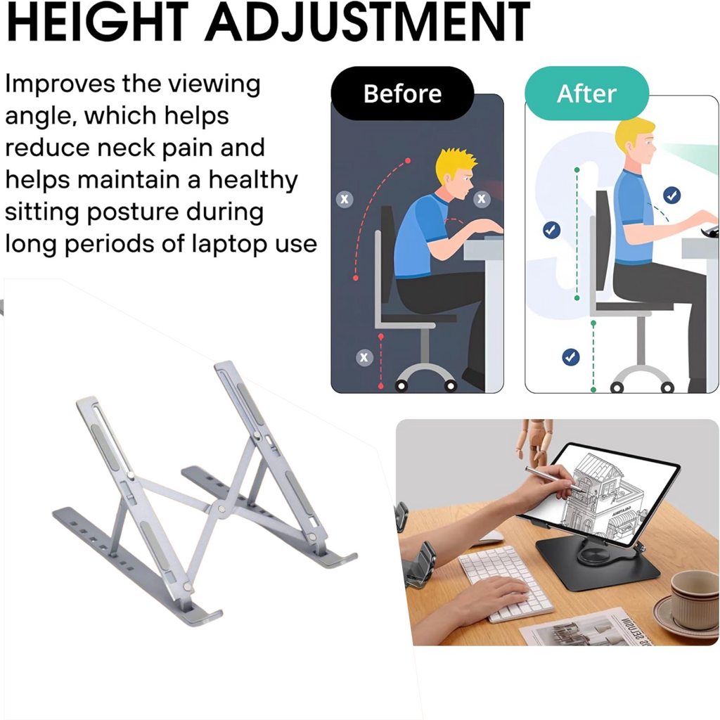The compact packaging for the metal portable laptop stand is displayed.