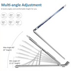 Detailed view of the dimensions and specifications printed on the metal laptop stand packaging.