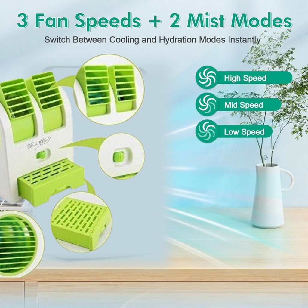 Diagram showing features and specifications of mini air conditioner